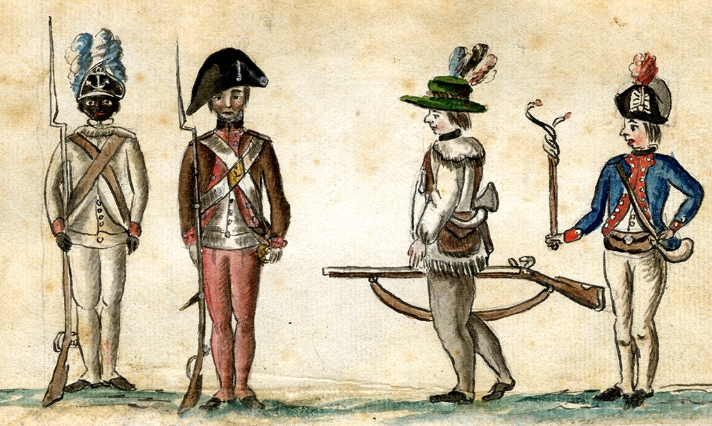 This 1780 drawing of American soldiers from the Yorktown campaign shows (far left) a black infantryman from the Rhode Island Regiment. Jean-Baptiste-Antoine DeVerger, watercolor, 1781